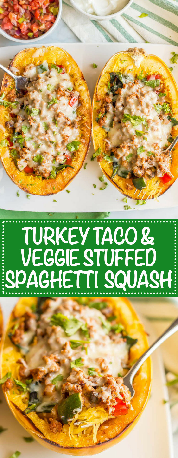 A photo collage of veggie and turkey taco spaghetti squash boats