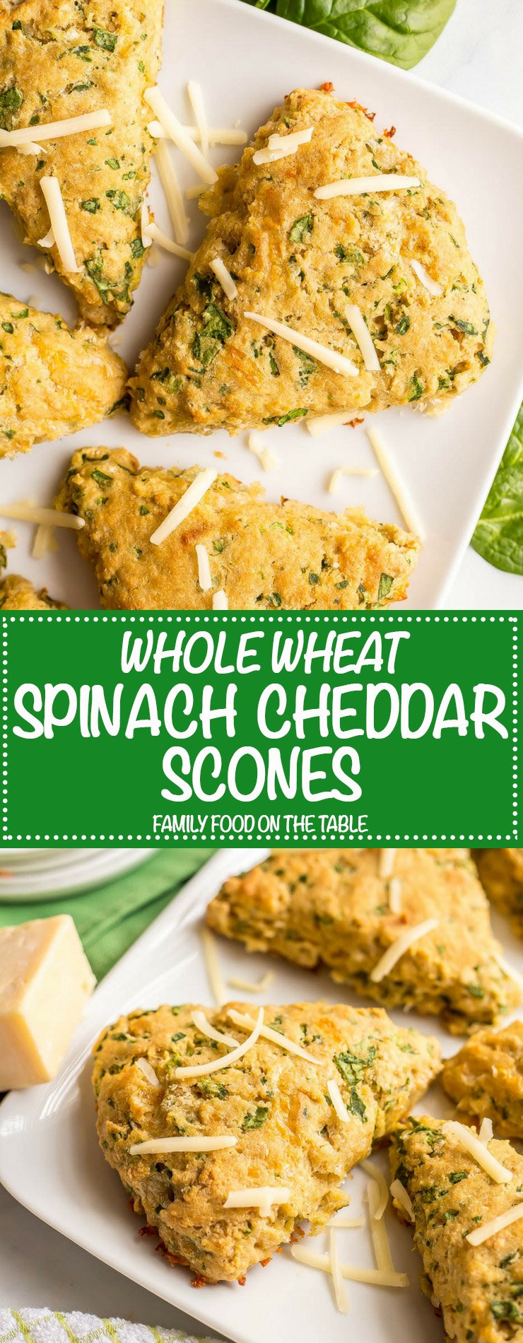 Long photo collage of whole wheat spinach cheddar scones