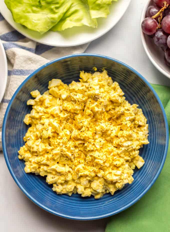 Curried egg salad is an easy, creamy, delicious lunch that’s perfect for sandwiches, wraps or lettuce wraps or with crackers and veggies. It’s just 5 ingredients and ready in about 30 minutes. #eggsalad #easylunch #vegetarianlunch | www.familyfoodonthetable.com