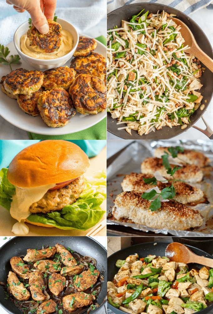 Photo collage of easy chicken recipes requiring 5 or fewer ingredients