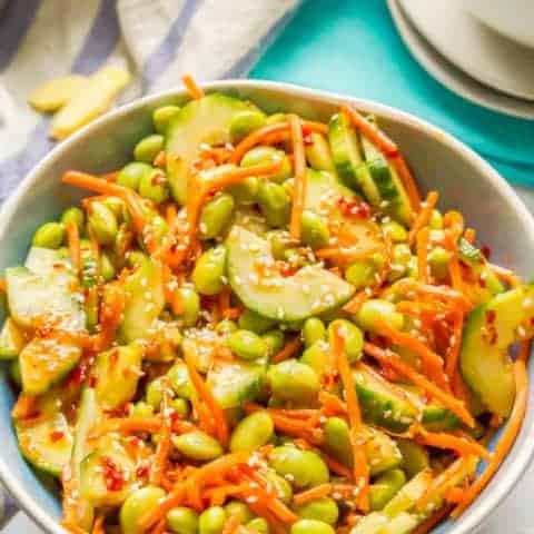Edamame, carrot and cucumber salad with soy ginger dressing is a light and refreshing salad with a little kick and a lot of flavor. It’s perfect for an easy dinner side dish and is vegan and gluten-free. #edamamerecipes #edamamesalad #vegansalad #Asiansalad | www.familyfoodonthetable.com