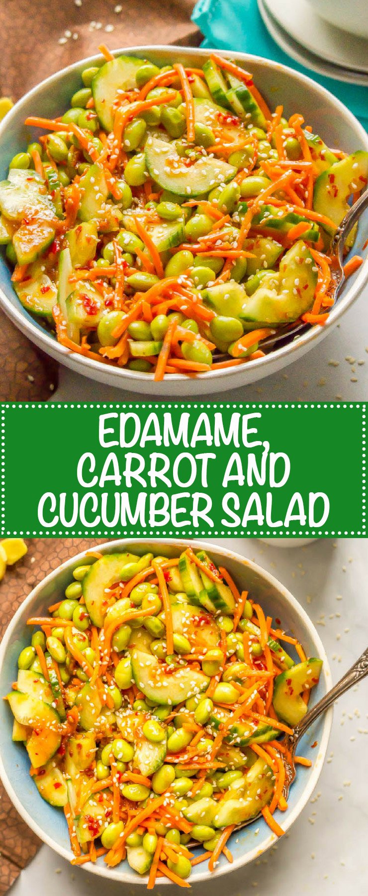 A collage of a veggie salad of carrots, cucumber and edamame in a soy style dressing.