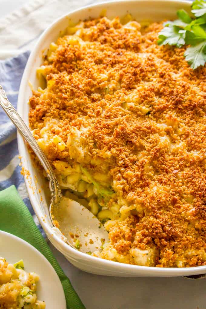 Healthy chicken broccoli mac and cheese is a family favorite recipe that’s loaded with creamy macaroni, tender chicken, broccoli florets and an irresistible cheesy, buttery breadcrumb topping. Everyone will want seconds! #macandcheese #healthypastarecipes #familydinner | www.familyfoodonthetable.com