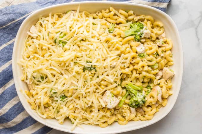 Image of layered healthy chicken broccoli mac and cheese with a layer of cheese being added to the casserole dish