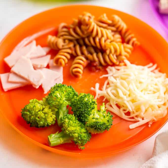 Orange kids plate with broccoli, shredded cheese, pasta with sauce and turkey pieces