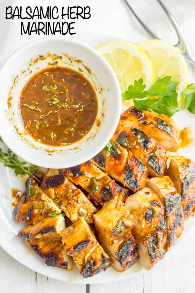 Balsamic herb grilled chicken marinade is tangy, herby and bright and perfect for a quick and easy marinade to give delicious flavor to your grilled chicken rotation. #grilledchicken #chickenmarinade | www.familyfoodonthetable.com