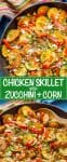 A collage of photos of a chicken zucchini skillet with red peppers and corn and cilantro for garnish.
