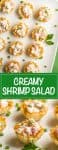 Collage of mini phyllo cups filled with a creamy shrimp salad and served on a white platter for an appetizer.