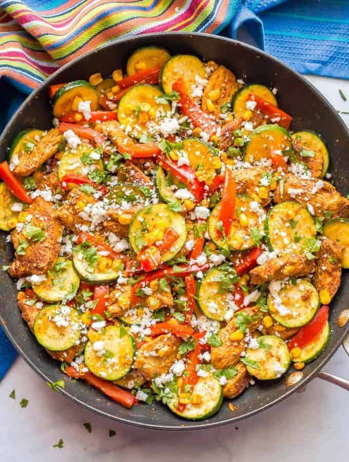 Chicken skillet with zucchini and corn is a one-pot wonder full of southwestern flavors, colorful veggies and juicy chicken. It’s a gluten-free and low-carb recipe that’s perfect for meal prepping. #onepotchicken #chickenskillet #lowcarbrecipe #chickenandveggies | www.familyfoodonthetable.com