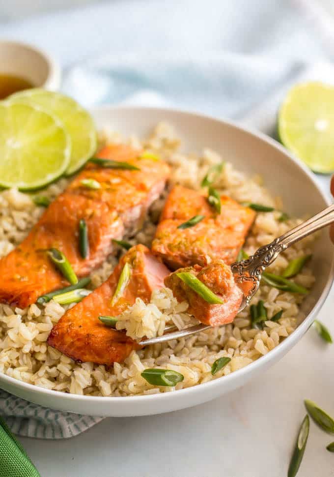 A fork resting in a white bowl with honey lime salmon and brown rice