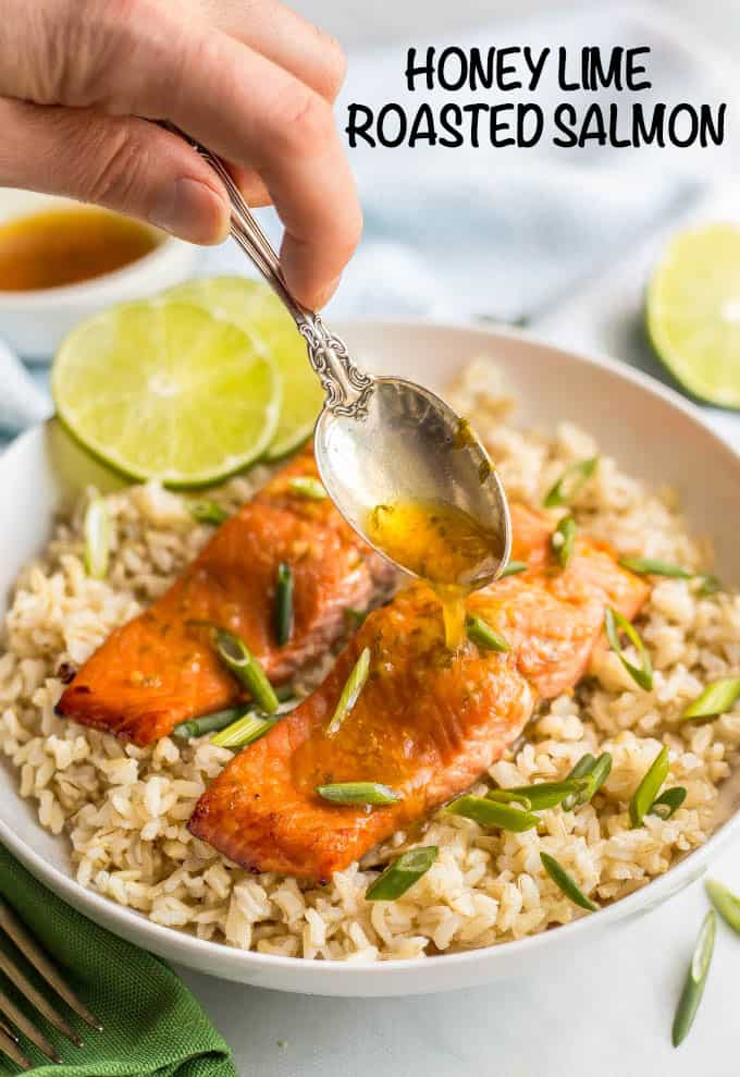 Honey lime salmon is an easy 5-ingredient recipe for a delicious marinated and roasted salmon dinner that’s perfectly tender, sweet and tangy! #salmonrecipe #seafooddinner #healthysalmon | www.familyfoodonthetable.com