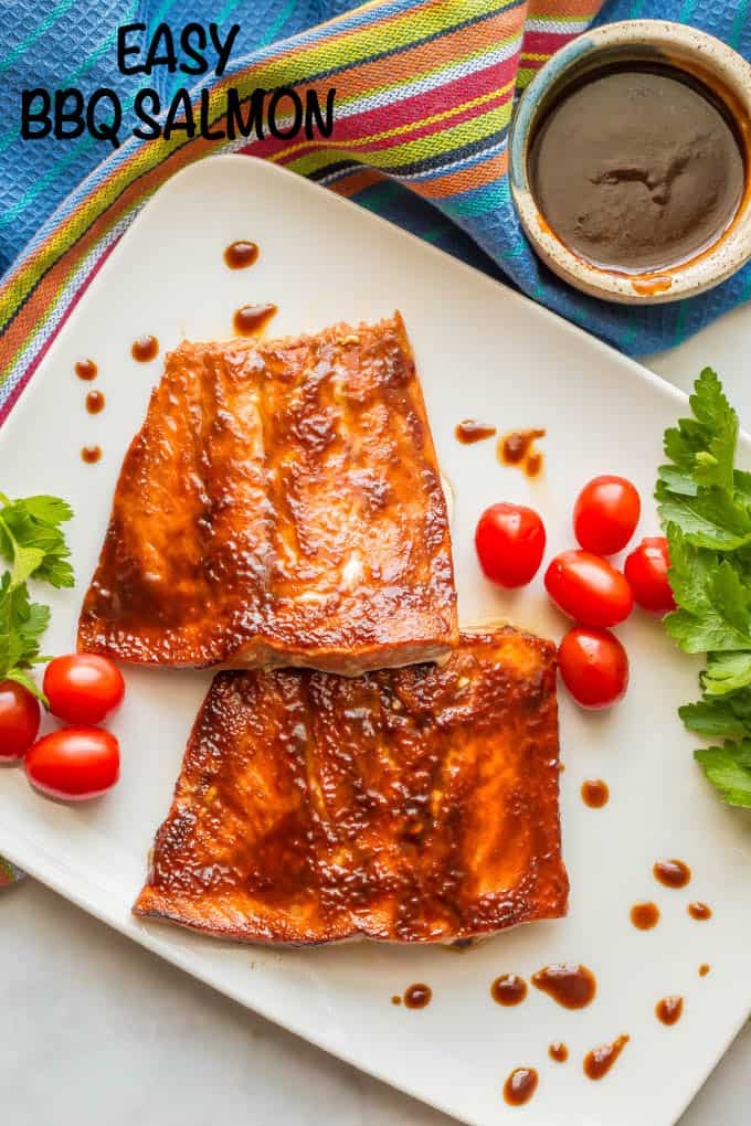 Easy BBQ salmon is a 2-ingredient recipe that can be grilled or oven roasted. It’s perfect for a quick weeknight dinner or for meal prepping healthy lunches! #easysalmonrecipe #bbqsalmon #salmondinner #mealprep | www.familyfoodonthetable.com