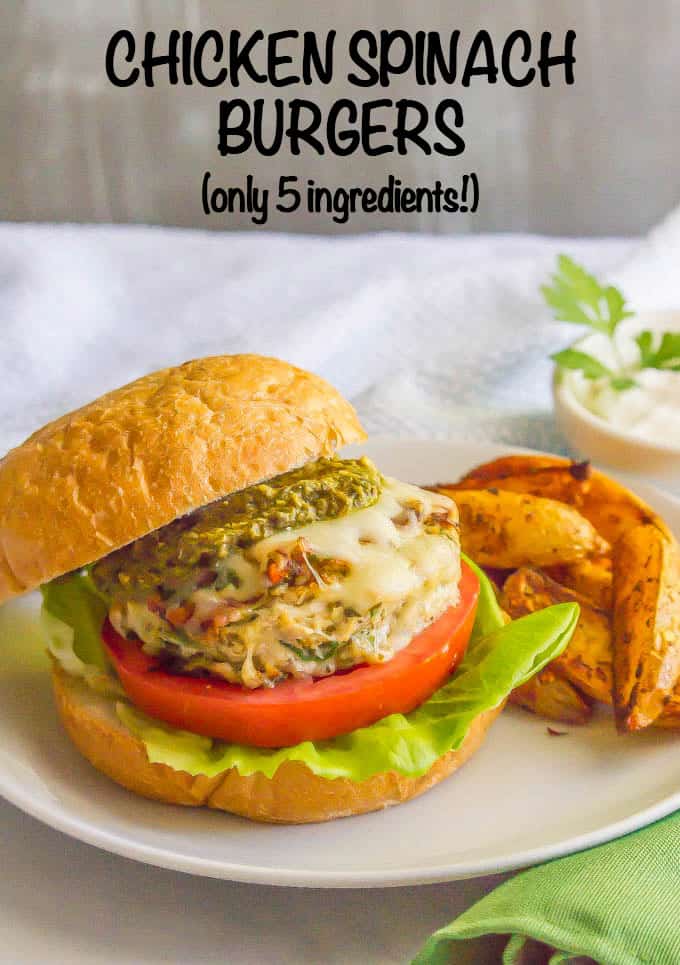 A chicken spinach burger patty served on a bun with lettuce and tomato underneath and melted cheese and pesto on top with potato wedges to the side.