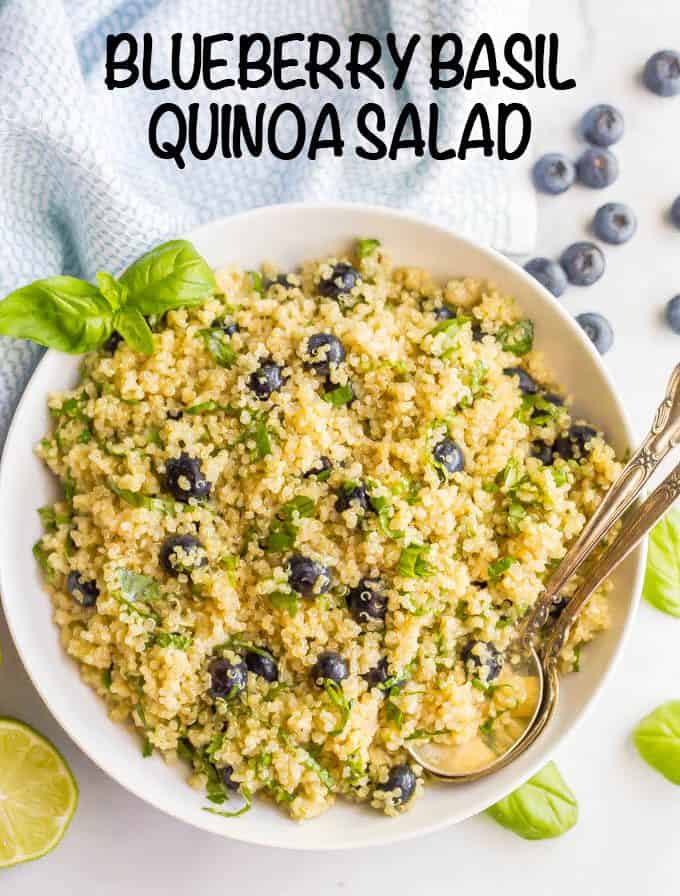 Blueberry basil quinoa salad is easy to make and perfect for summer entertaining! It's loaded with plump blueberries and fresh herbs and topped with a honey lime vinaigrette for a healthy, delicious side dish at dinner, picnics, potlucks or BBQ parties! #blueberries #quinoa #quinoasalad #healthysaladrecipe #glutenfree