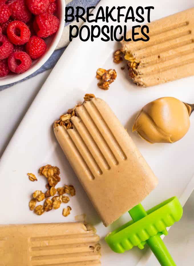 These yummy breakfast popsicles are naturally sweetened and made with just 5 healthy ingredients. The creamy peanut butter and banana flavor is addictive and the crushed cereal or granola brings a fun texture! #popsicles #summereats #kidsbreakfast #frozentreats #healthybreakfast