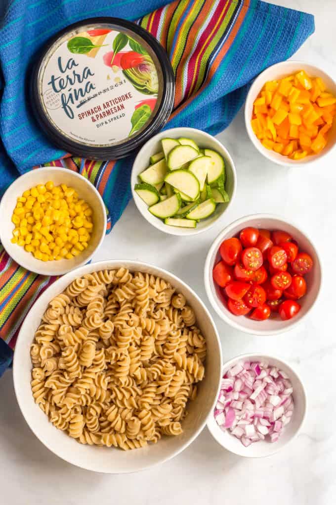 Ingredients for summer veggie pasta salad recipe