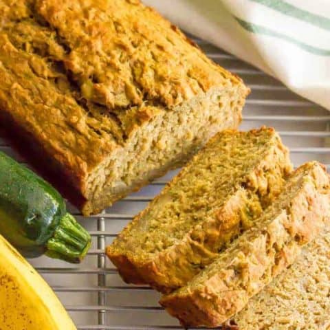 Whole wheat zucchini banana bread is a healthy breakfast or snack that’s super light and flavorful (no butter or oil) and a great way to get in some fruit, veggies and whole grains all at once! #zucchini #bananabread #healthysnack #wholewheat