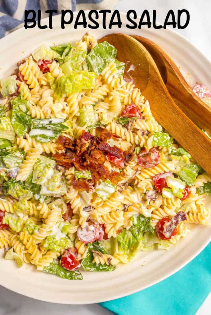This creamy BLT pasta salad with an easy, homemade dressing is a healthier take on the classic and perfect for summer picnics, cookouts and parties! #pastasalad #BLT #summer #pasta #saladrecipes