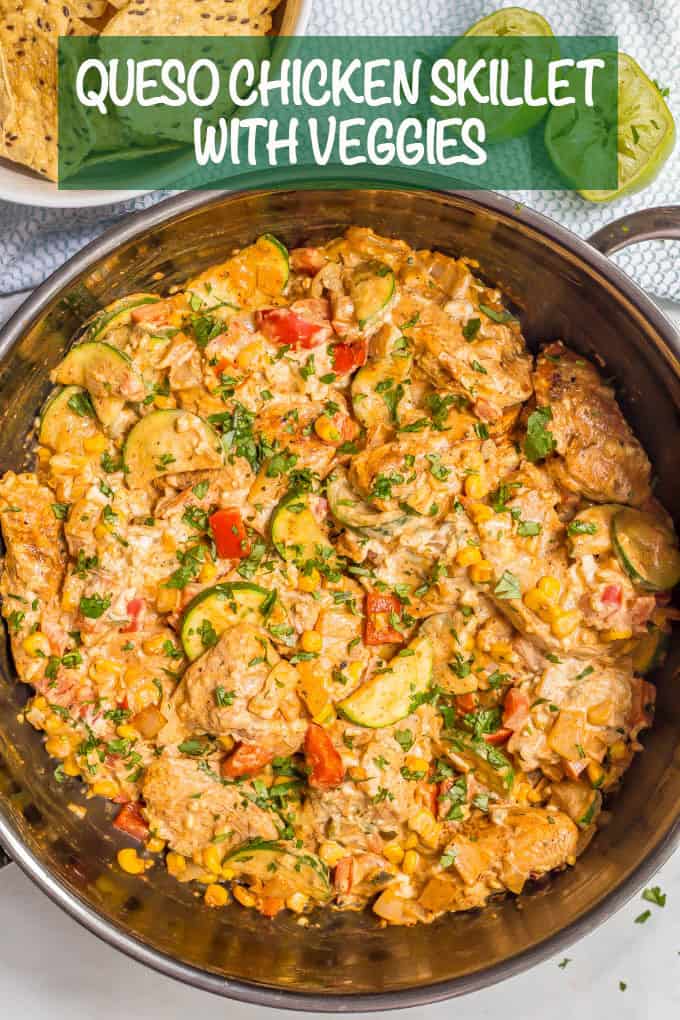 Queso chicken skillet with vegetables is an easy, cheesy, delicious one-pot dinner the whole family will enjoy! Great with rice, tortillas or chips! #quesochicken #chickendinner #easychickenrecipes #familydinner #chickenrecipes