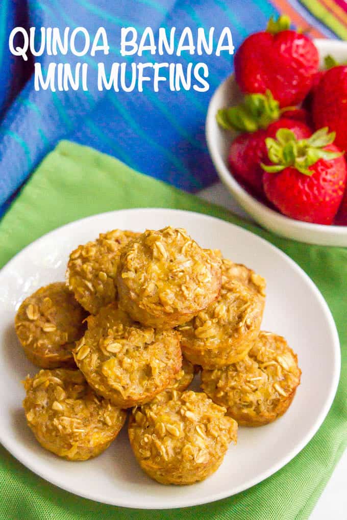 Quinoa banana mini muffins are gluten-free and naturally sweetened and make a perfect wholesome little bite at breakfast, snack time or for school lunch. (And they are just 7 ingredients!) #glutenfree #muffins #muffinrecipes #healthymuffins #quinoa #ripebananas