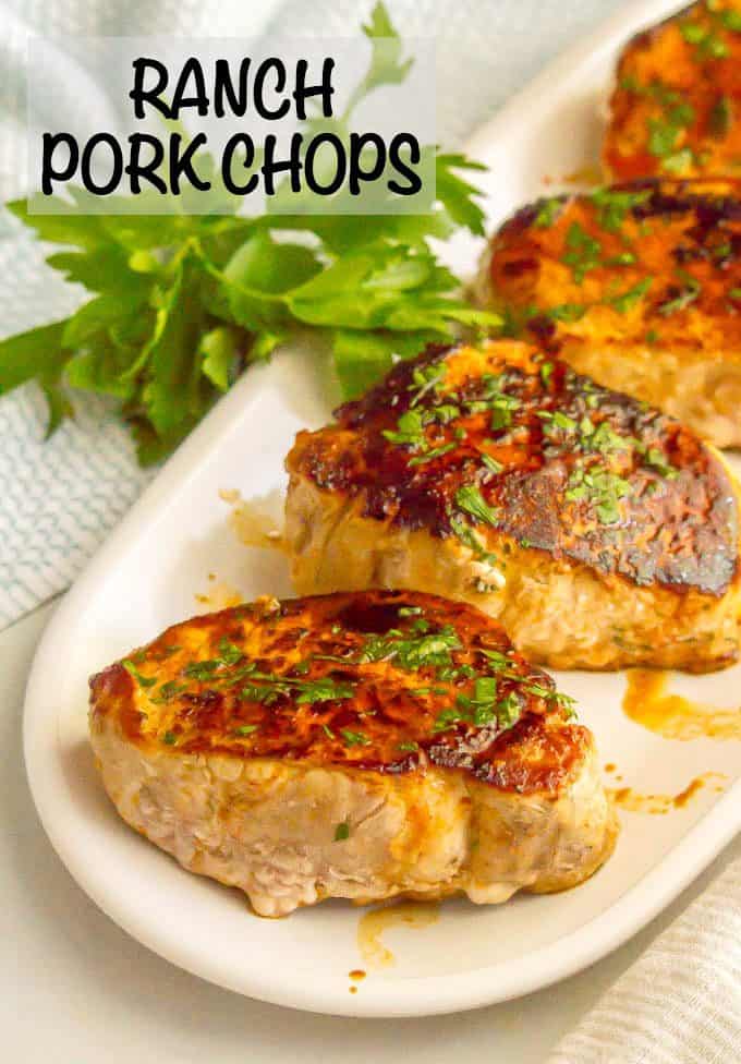 Ranch seasoned pork chops are seared in a skillet and finished in the oven for a quick and easy weeknight dinner that’s full of flavor. And they are just 3 ingredients! #porkchops #porkrecipes #Ranch #easyrecipe