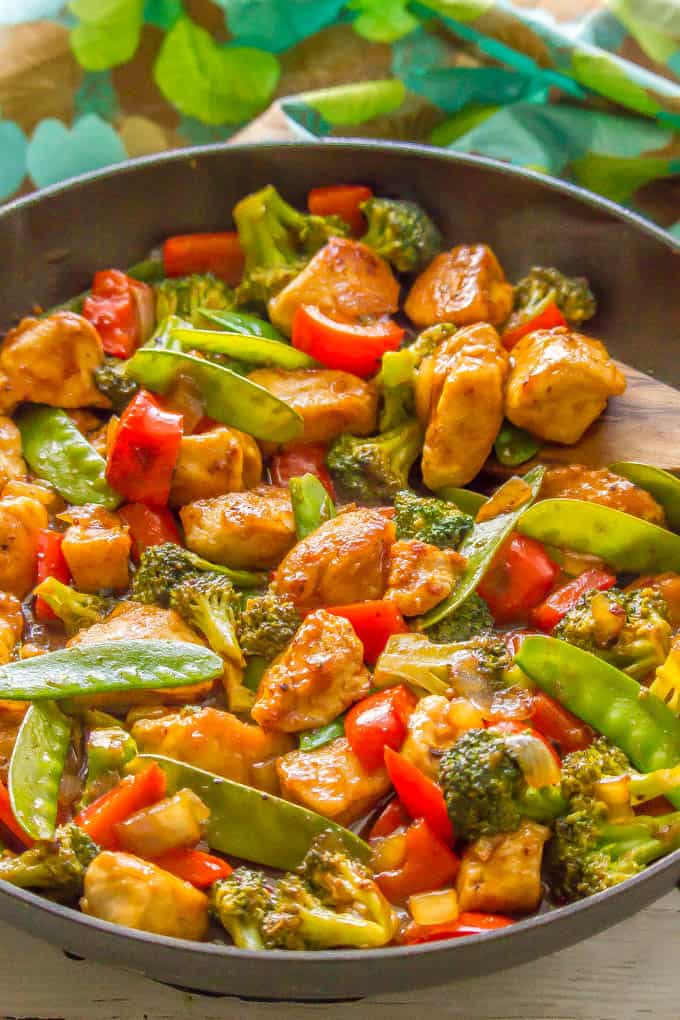 Healthy, easy sweet and sour chicken with veggies in a large skillet