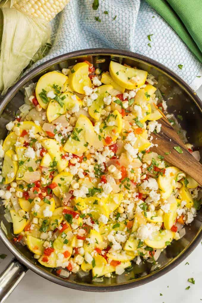 Yellow squash and corn medley is a flavorful one-skillet side dish that’s a celebration of fresh summer vegetables! #summersquash #corn #veggiesides #healthyrecipes #summerveggies