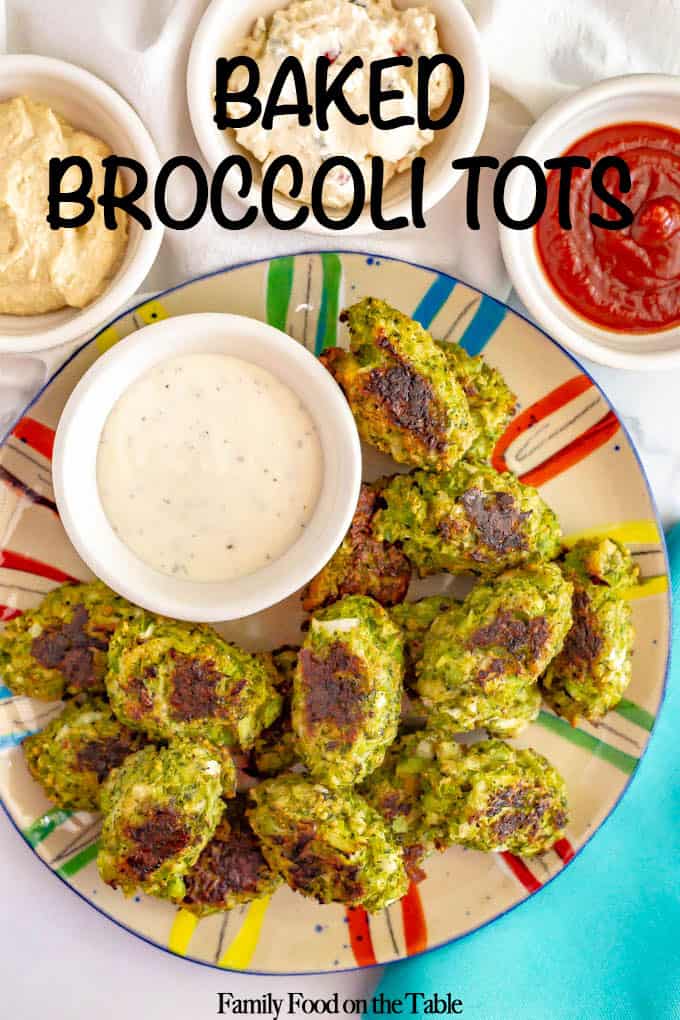 These easy baked broccoli tots are just 5 ingredients and make a great healthy veggie side dish or finger food for kids to serve with Ranch, ketchup or honey mustard for dipping! #broccoli #kids #healthyrecipe