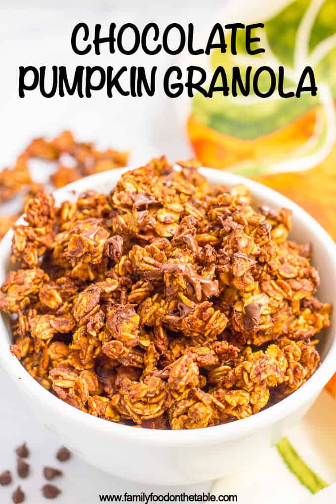 Chocolate pumpkin granola is an easy recipe you can make ahead and have on hand for a healthy breakfast or snacking. It’s naturally gluten-free and vegan. #chocolate #pumpkin #granola #breakfast #snack