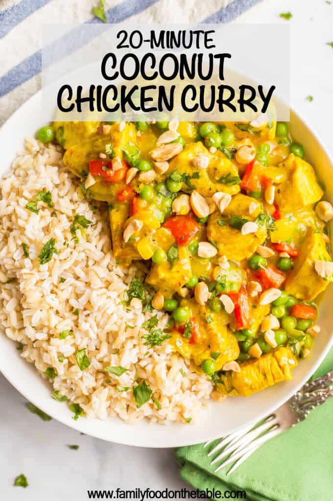 This quick and easy coconut chicken curry features colorful veggies and coconut milk for a creamy curry that’s packed with flavor. Pair with brown rice or cauliflower rice for a fast weeknight dinner! #chickencurry #easychickenrecipe #quickchickenrecipe