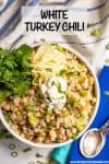 This easy, healthy white turkey chili comes together in about 30 minutes with some simple pantry ingredients. It's full of hearty ground turkey pieces, white beans, rice, corn and green chilies for a hearty meal! #turkeychili #chili #easyrecipe #groundturkey