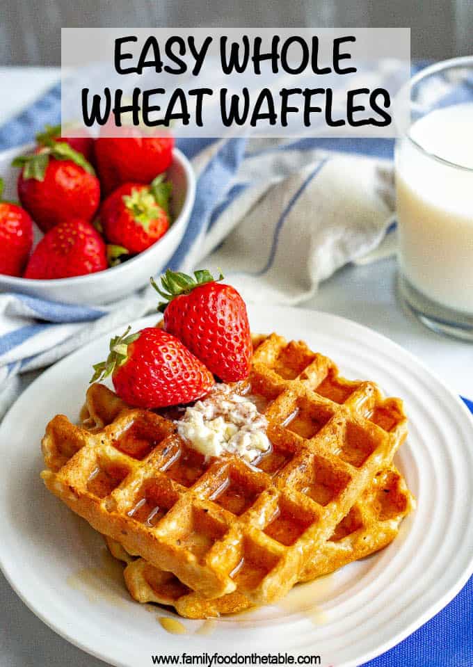 Easy whole wheat waffles are perfectly fluffy on the inside and crispy on the outside. These waffles are naturally sweetened and the extras freeze great! #waffles #breakfast #brunch