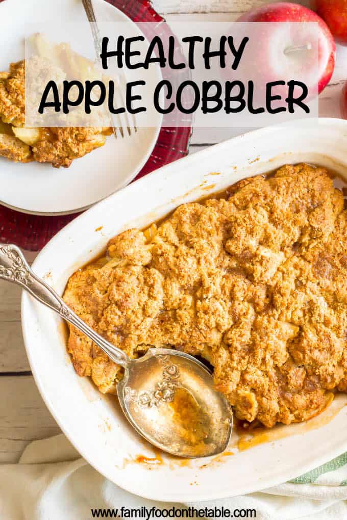 This healthy apple cobbler is full of apple and cinnamon flavors and goes perfect with ice cream for a delicious dessert. It’s naturally sweetened and made with whole grains for a healthier sweet treat that will surely satisfy. #apples #cobbler #dessert #baking