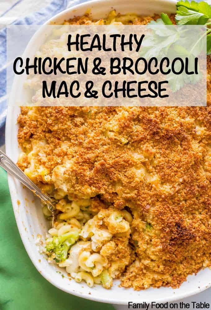 Healthy chicken broccoli mac and cheese is a family favorite recipe that’s loaded with creamy macaroni, tender chicken, broccoli florets and an irresistible cheesy, buttery breadcrumb topping. Everyone will want seconds! #macandcheese #healthypastarecipes #familydinner