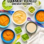 A variety of colorful containers with different baby food purees in them and baby spoons scattered about.
