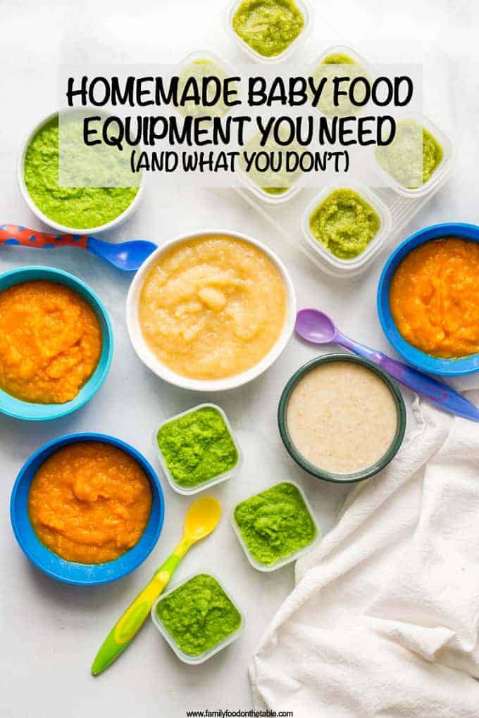 Homemade baby food equipment doesn't mean buying a ton of specialized tools. You just a few kitchen basics and small containers to get started. Check out my favorites! #babyfood #babies #kitchen A variety of colorful containers with different baby food purees in them and baby spoons scattered about.