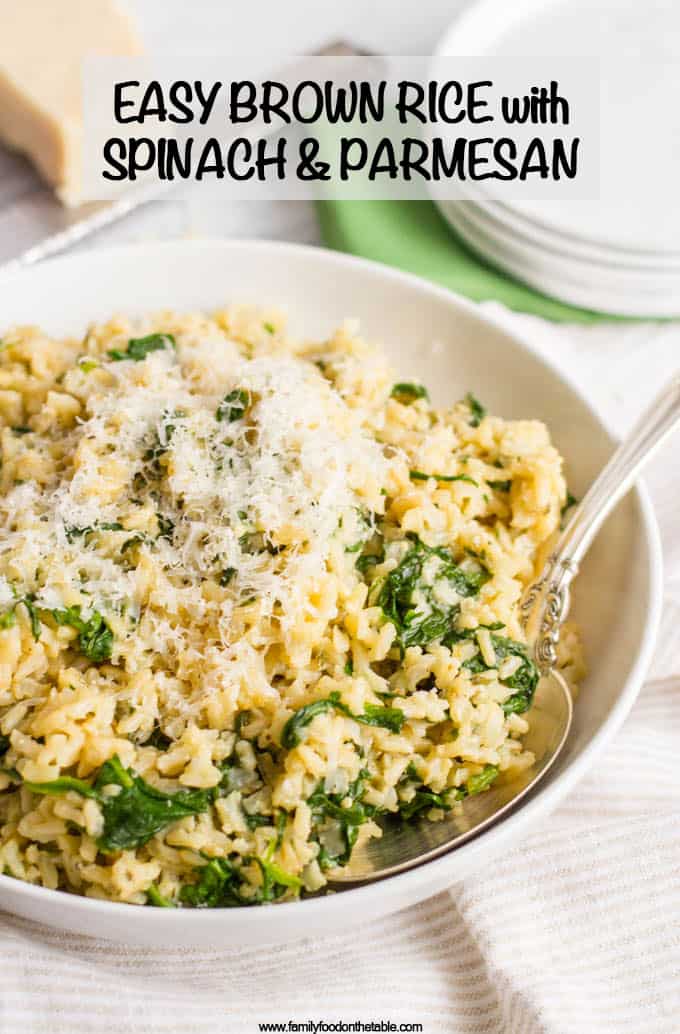 Brown rice with spinach and Parmesan cheese is an easy, healthy, one-pot side dish with just a few simple ingredients! #brownrice #wholegrains #easysidedish #glutenfreerecipe