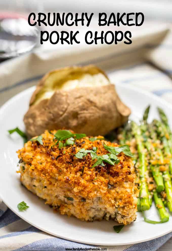 Crunchy baked pork chops are coated in a breadcrumb and Parmesan mixture then put in the oven for an easy, hands-off dinner that’s sure to be a family favorite! #porkchops #pork #dinner #easyrecipe #lowcarb #glutenfree