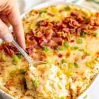 Mashed cauliflower casserole with cheese and bacon
