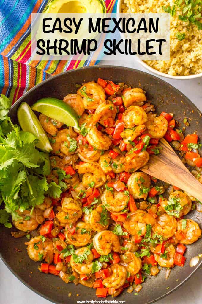 This quick and easy Mexican shrimp skillet is a one-pan dinner ready in just 20 minutes! It's packed with flavor and great for rice bowls or tacos! #shrimp #easydinner #easyrecipe