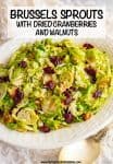 A white china serving dish filled with shredded Brussels sprouts with dried cranberries and walnuts.