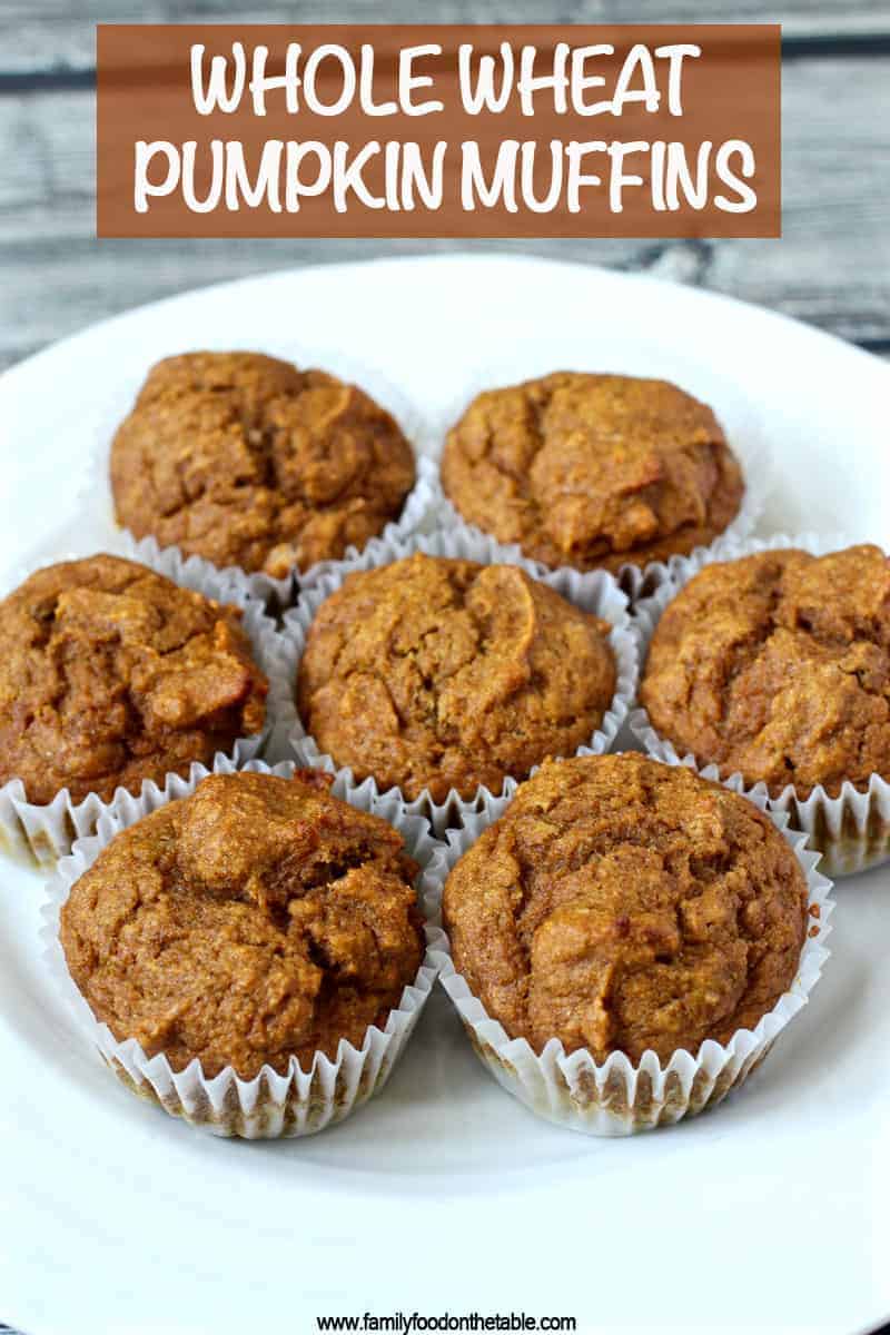 A white plate of healthy pumpkin muffins with a text overlay on the photo.