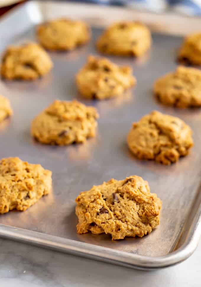 Bourbon chocolate chip cookies on a silver baking tray