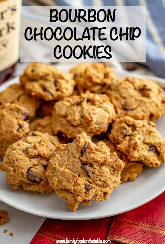Close up of bourbon chocolate chip cookies served on a white plate.