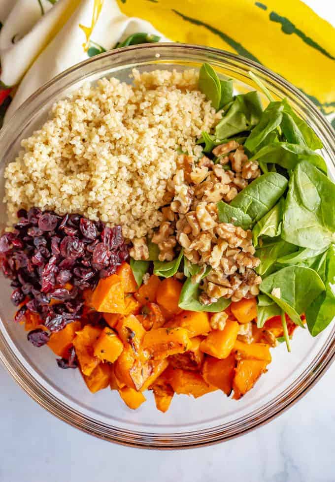 This warm butternut squash salad with quinoa is mixed with spinach, dried cranberries, walnuts and Parmesan and tossed with an apple cider vinaigrette to give it extra flavor! It’s great as a side dish or vegetarian main dish. #butternutsquash #quinoa #wintersalad #vegetarian #glutenfree