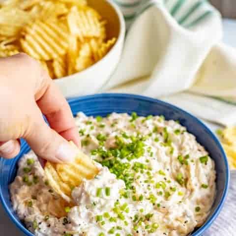 This healthier caramelized onion dip is lightened up but still super rich and creamy and perfect for dipping! Everyone goes crazy for this easy appetizer! #onions #easyappetizer #gamedayeats #snackattack