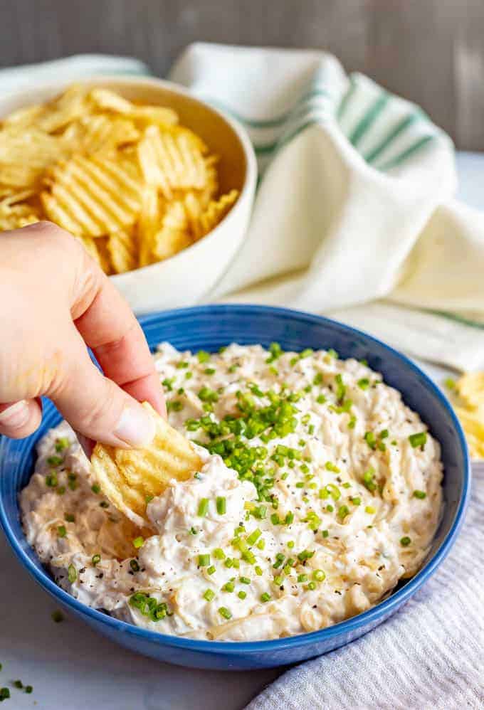 This healthier caramelized onion dip is lightened up but still super rich and creamy and perfect for dipping! Everyone goes crazy for this easy appetizer! #onions #easyappetizer #gamedayeats #snackattack