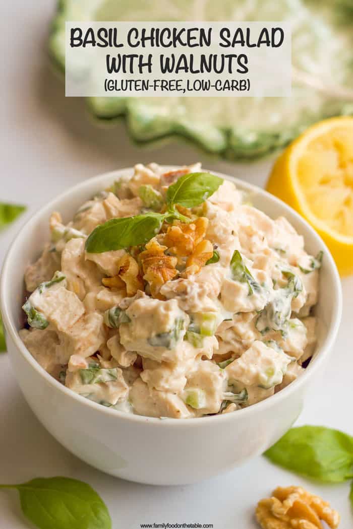 A creamy but healthy basil chicken salad with fresh basil and chopped walnuts. It's great as a sandwich, wrap or lettuce wrap, or paired with crackers! #chickensalad #basil #chickenrecipes #healthylunch #glutenfreelunch #lowcarblunch