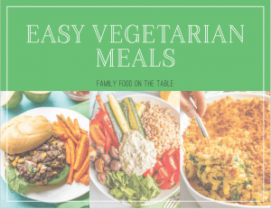 A cover of an e-cookbook with recipes for easy vegetarian meals and photos of 3 vegetarian meals