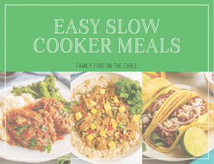 E-cookbook cover for easy slow cooker meals with three foodphotos